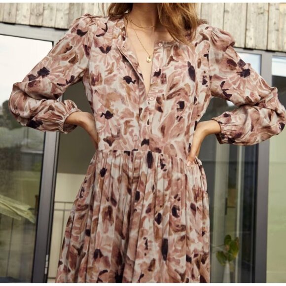 Wilfred Pink and Tan Buttoned Maxi Dress with Bishop Sleeves - Picture 3 of 11